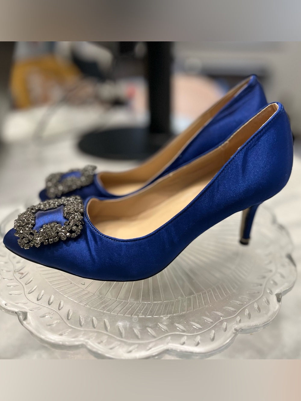 Manolo look for less- Royal Blue Satin Crystal-Buckle Pointed Pumps